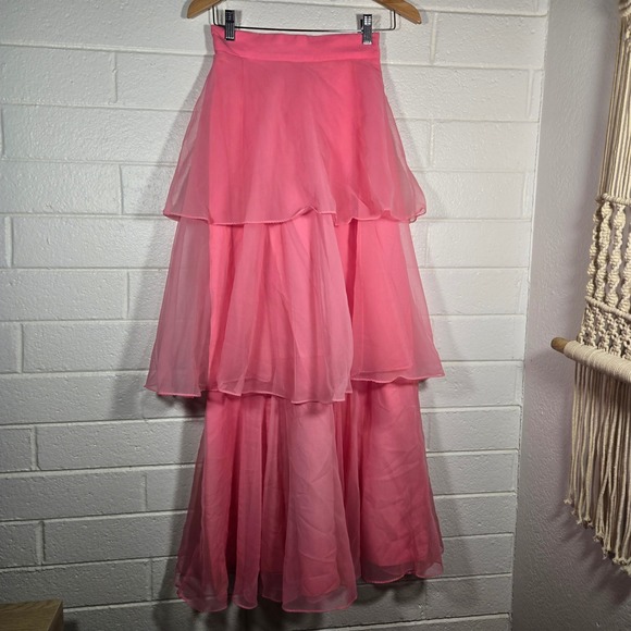 Unknown Dresses & Skirts - Vtg Pink Tiered Chiffon Maxi Skirt 26 Waist Ruffle Barbiecore Prom 80s 90s